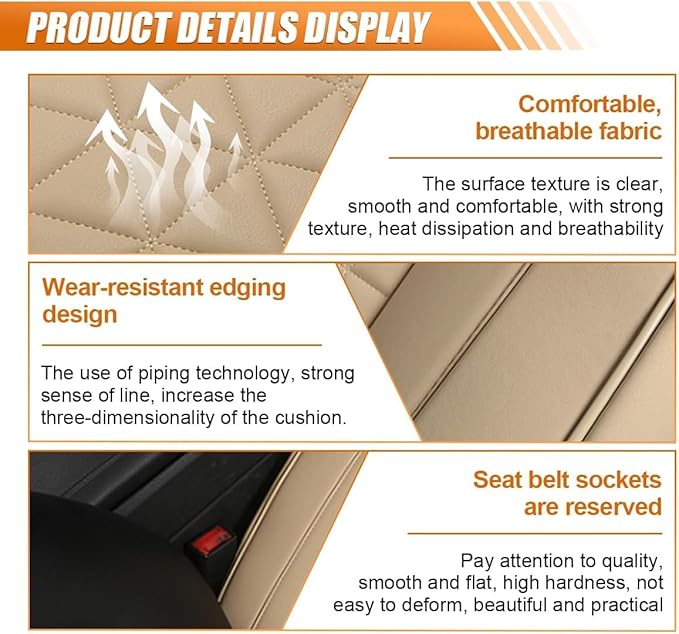 Luxury Faux Leather Car Seat Cover, Anti-Slip Waterproof Universal Front Bottom Seat Protector with Storage Pocket, Triangular Pattern Vehicle Seats Cushion for Sedans, SUVs, Trucks (2PCS&Beige)