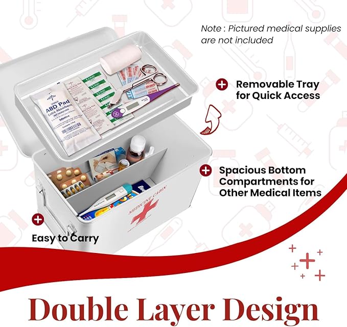 Flexzion First Aid Box Organizer Empty 13" White Vintage First Aid Kit Tin Metal Medical Box - First Aid Storage Box Container Bins with Dividers, Removable Tray and Red Cross Logo