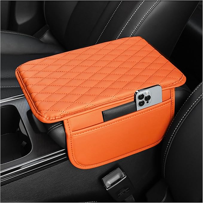 Upgraded Car Center Console Cover,Microfiber Leather Car Armrest Cover Cushion with 2 Storage Bags,Universal Car Armrest Storage Box Car Interior Accessories Fit Most Cars (Orange)