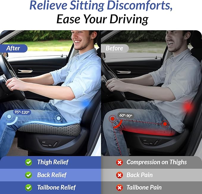 ZIKEE Ergonomic Wedge Car Seat Cushion with U-Shaped Design for Tailbone, Back & Sciatica Pain Relief, High-Density Memory Foam Seat Cushion for Car, Raised Back for Wider Vision, Anti-Slip Bottom