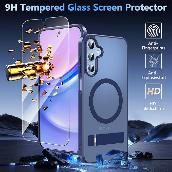 OWKEY for Samsung Galaxy A15 5G Phone Case with Screen Protector & Stand, Magnetic Case for Magsafe Military-Grade Protection Shockproof Matte Cover for Samsung Galaxy A15 5G (Blue)