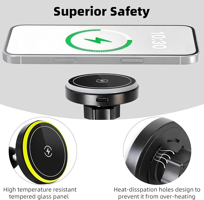 15W Magnetic Wireless Charging Phone Holder with 3.54" Medium Arm for MagSafe, 1" Ball Mount Adapter for RAM Mounts, Compatible with iPhone 17/16/15/14/13/12 Series
