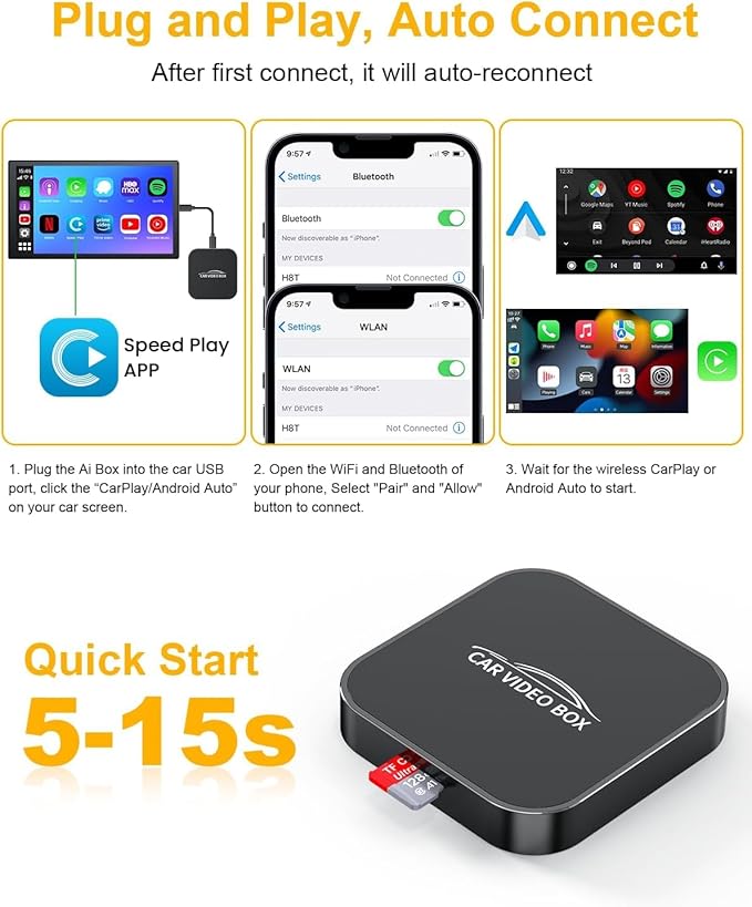 5-in-1 Wireless CarPlay Adapter with Netflix/YouTube/TF, Android Auto & Carplay Adapter with USB-A and USB-C Cables,Convert Wired to Wireless Apple Dongle, Magic Video Ai Box Car Play for iOS 10+