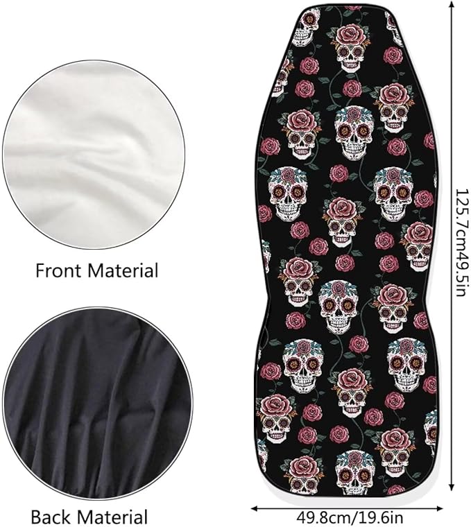 Goth Skull Rose Seat Covers for Car, Universal Stretchy Cars Front Seat Protectors Cover, Men Women Car Accessories Decoration Saddle Blanket for Bucket Seat, Set of 2