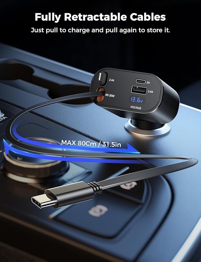 Retractable Car Charger 4 in 1 Fast Car Phone Charger Adapter with Type C & Apple Cords Compatible with iPhone 17/16/15/14/13/12/11, Galaxy, Pixel
