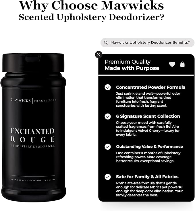 Mavwicks Fragrances - Upholstery Deodorizer (Enchanted Rouge) 16 Oz - Rug, Couch & Carpet Deodorizer - Vacuuming Powder, Pet Safe Carpet Freshener Powder - Odor Eliminator for Home