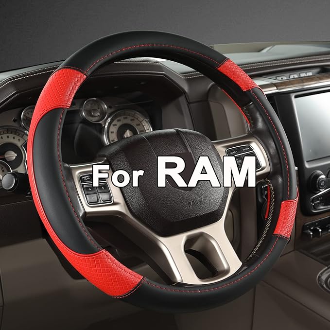 GIANT PANDA Car Steering Wheel Cover for Dodge Ram 1500 2500 3500 15.5-16 inches - Black+Red