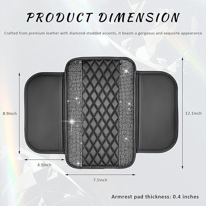 Sun Walker Bling Car Center Console Cover, Anti-Scratch Car Armrest Seat Box Cushion Pad with 2 Storage Bags, Leather Middle Console Protector Crystal Interior Accessories for Most Cars (White)