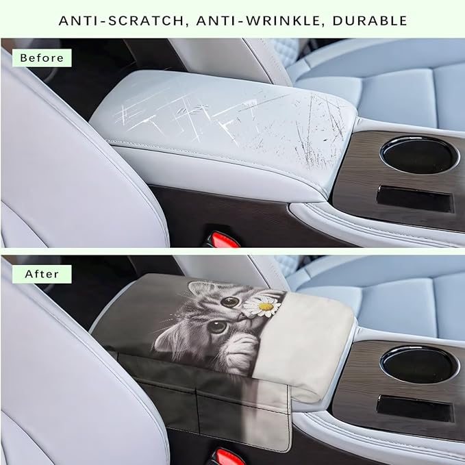 Dreaweet Car Center Console Cover with Pockets Cute Cat Car Accessories for Women Easy to Install Arm Rest Cover for Car Soft Comfy Thick Car Armrest Cushion Storage Box Mat