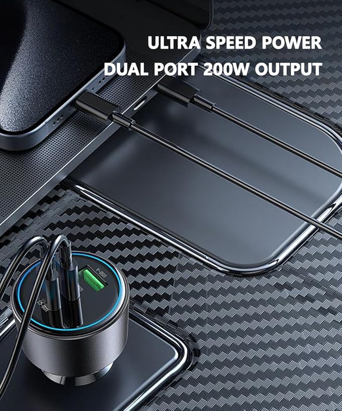 200W Car Charger, USB C Car Charger PD3.0 QC4.0 PPS Fast Charging Car Adapter with 2 100W USB C Cable 3 Port Type C Cigarette Lighter for Dell XPS, MacBook, iPhone 16 15 14, Galaxy S24 Ultra, iPad Pro