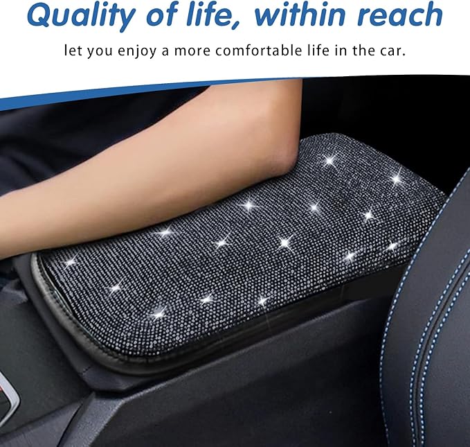 ijuicy Bling Car Center Console Armrest Cover, Crystal Rhinestone Center Console Protective Cover Armrest Cushion Pad, 12.6" x 8.5" Universal for Most Cars (Silver)