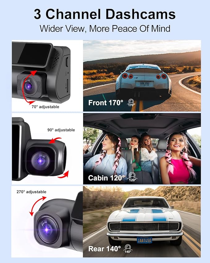 Dash Cam Camera For Cars Dashcam - Lehwey 3 Channel 4k 2160P+1440P+1080P Dash Cam Front and Rear Inside, Built in WiFi GPS, With 64GB Card, Night Vision G-Sensor Parking Mode, 170°Angle Loop Recording