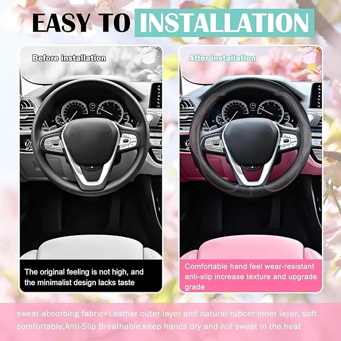 SuperKaKa Car Steering Wheel Cover 2025, Universal Auto PU Cute Breathable Slip-Proof Comfort Imitation Leather Protector Cars Interior Accessories for Women Men Fit Most Vehicle (Black)