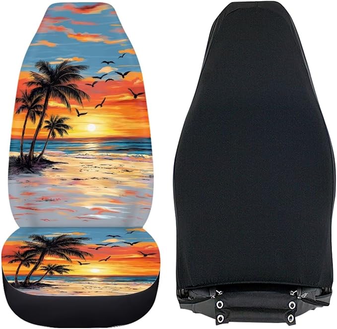 BIGCARJOB Hawaii Dusk Palm Car Seat Covers, Polyester, Universal Fit, Car, SUV, 2 Count, Front, Basic Protection, Customizable, Unique Printed
