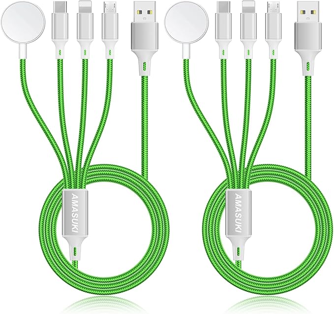 2Pack Multi Charging Cable for Apple Watch Charger 4 in 1 Travel Essentials RV Camping Essentials USB C/L/Micro Compatible with iWatch Series 11-1/iPhone 17/16/15/Android Airplane Gadgets-4FT/Green