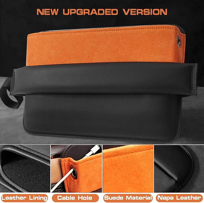Car Seat Organizer with Gap Filler, 2-in-1 Luxurious Microfiber Storage Box and Leather Seat Console Gap Filler Drop Blocker Stopper Accessories for Sedan SUV Truck Van (Black/Orange, 1 Set)