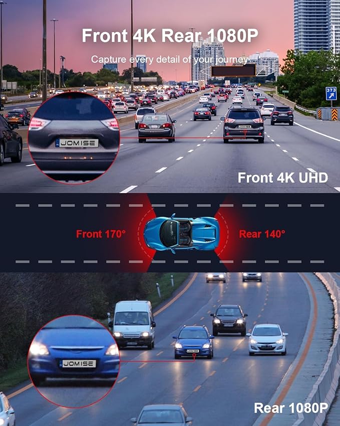 JOMISE 4K Dash Cam Front and Rear, 3.16” IPS Touch Screen, 64GB Card Included, Dual Dash Camera for Cars, Built-in GPS Wi-Fi, UHD 2160P Night Vision, WDR, 24H Parking Monitor (J6)