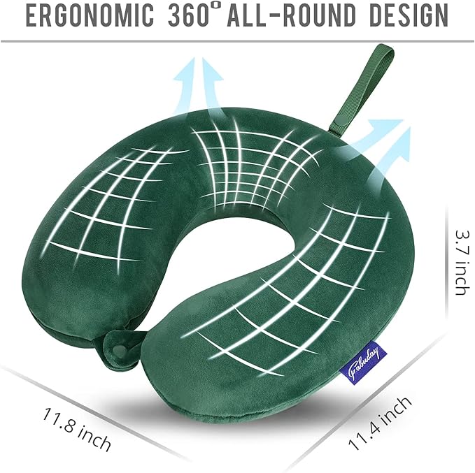 Neck Pillow for Travel Memory Foam - Travel Pillows for Sleeping Airplane with Attachable Snap Strap Soft Washable Cover, Flight Pillow for Traveling, Car, Provide Head Neck Support Dark Green