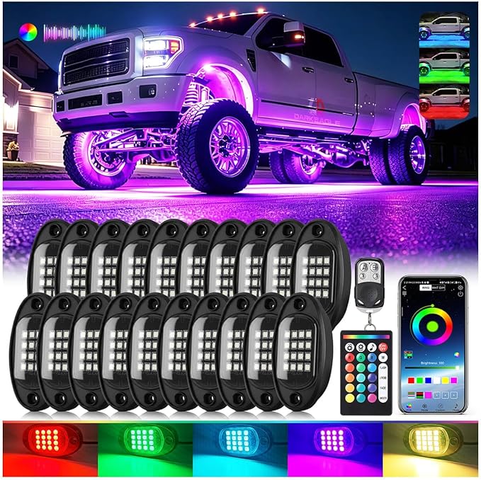 20Pods RGB LED Rock Lights for Trucks Pickup Dually Truck Off-Road, Multicolor Underglow Light Kit with APP/RF Remote Dual Zone, Plug and Play&Pre Wired 12V Vehicle Underbody Accent Light Waterproof