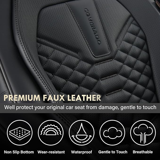 Coverado Leather Seat Covers, Car Seat Covers Full Set, Black Seat Covers for Cars, Car Seat Protector Waterproof, Car Seat Covers Front Seats and Back Universal Fit for Most Cars
