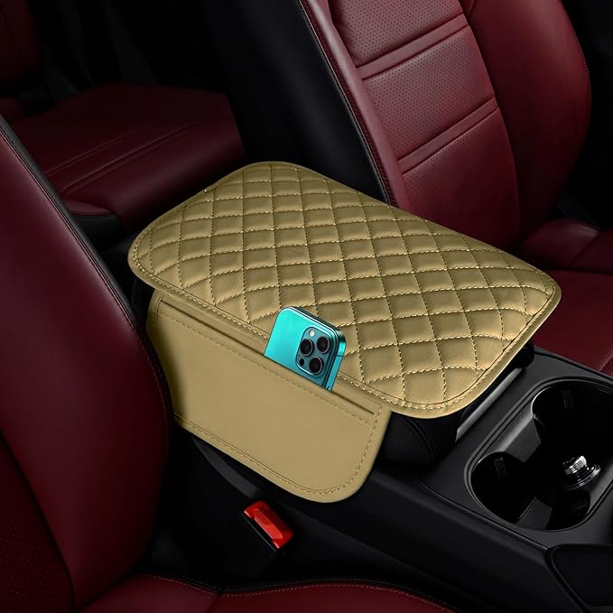 Upgraded Car Middle Center Console Cover,Microfiber Leather Car Armrest Cover Cushion with 2 Storage Bags,Universal Car Armrest Storage Box Car Interior Accessories for Most Vehicles (Beige)