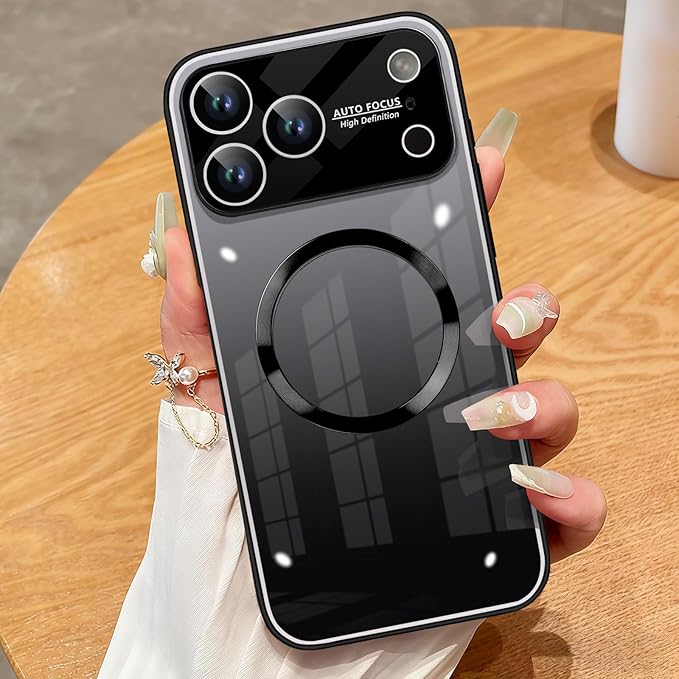 Guppy Compatible with iPhone 17 Pro Max Magnetic Case, with Full Camera Lens Protector [Compatible with MagSafe] Scratch Resistant Gradient Glass Back Cover Phone Case-Black