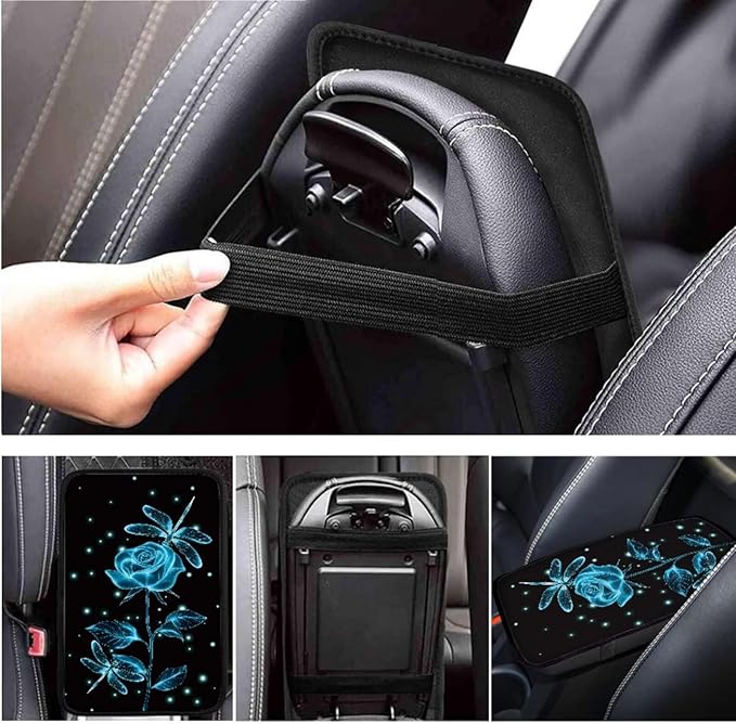Blue Rose Print 6pcs Car Steering Wheel Cover Set for Men Women Dragonfly Cup Coaster Handbrake Gear Cover Armrest Cover Fits Most Cars Trucks Vans SUV