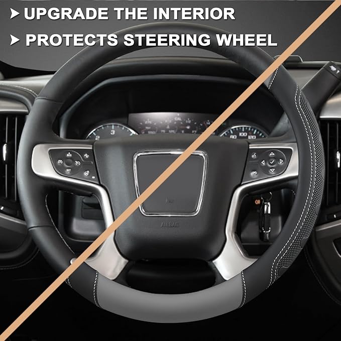 GIANT PANDA Steering Wheel Cover for GMC Sierra Acadia Terrain Yukon(Gray+Black-Standard Size)