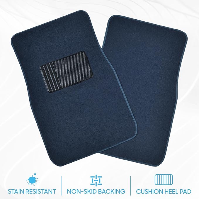 BDK Premium Blue Carpet Floor Mats for Cars - Universal Fit Interior 4-Piece Car Mats Full Set with Vinyl Heel Pad Protector - Cute Car Accessories Interior Floor Covers for SUVs & Trucks
