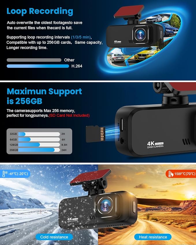 Dash Cam 4K Front, Ultra HD Dash Camera for Cars, 1.97''IPS Screen Mini Car Camera with APP Control, Built-in Wi-Fi & G-Sensor, 24H Parking Mode, Night Vision, WDR, Loop Recording, Support 256GB Max
