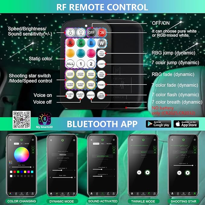 Starlight Headliner Kit,Twinkle + Music Sync Dual Color Fiber Optic Star Ceiling Lights with APP Remote Control, RGBW Shooting Star Lights for Car/Home Ceiling Decor, 900pcs 9.8ft