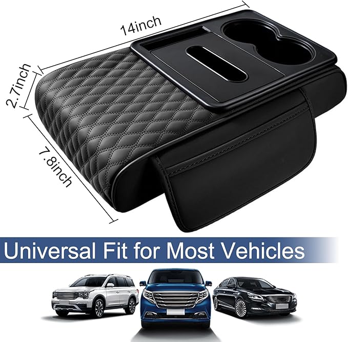 Car Center Console Cover, Upgraded Leather 5 in 1 Arm Rest Cover for Car with Cups Holder Storage Bags Tissue Box, Universal Interior Armrest Cushion for Almost Accessories Vehicles