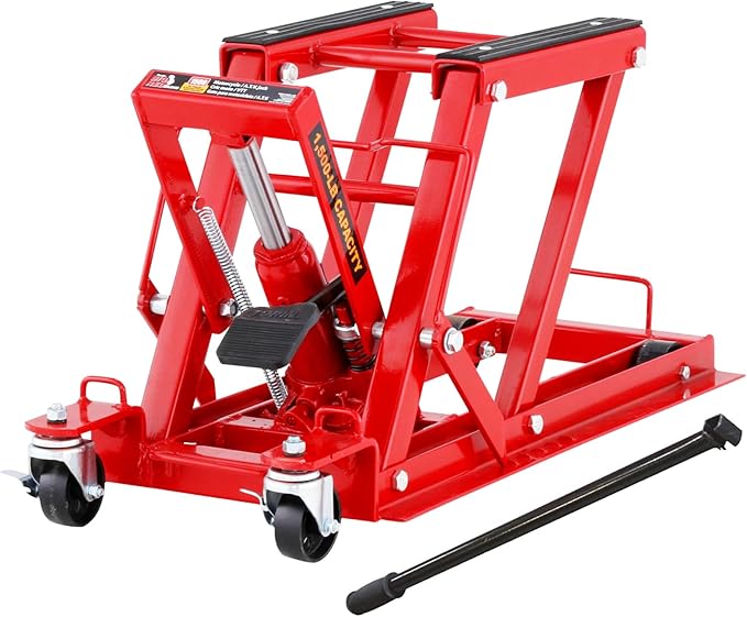 BIG RED Hydraulic Motorcycle Lift Jack with 1500LBS Load Capacity, Powersports Lift Table Operated ATV Dirt Bike Scissor Jack Stand, Fit for Motorcycle UTV Snowmobile, Red, T64017