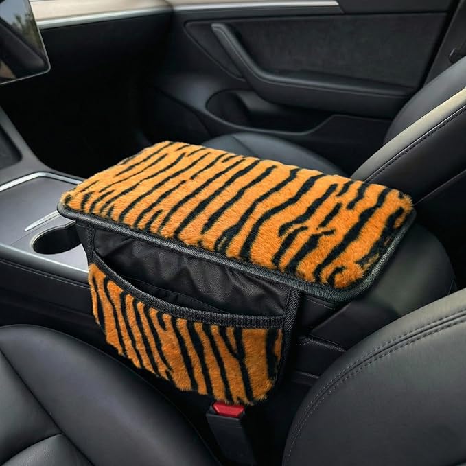 Plush Tiger Print Car Center Console Cover with Side Pockets, Fluffy Armrest Cushion Pad,Soft Car Interior Decorations Accessories with Storage for Women,Universal Fit for Vehicles SUV Truck