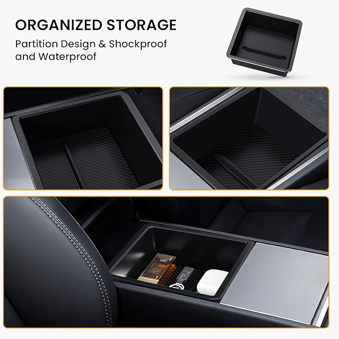 BANKKY Center Console Organizer for Tesla Model 3 Highland 2024-2026 & Model Y Juniper 2025-2026, 2PCS Armrest Storage Tray with Anti-Slip Liner, ABS Black Tesla Accessories