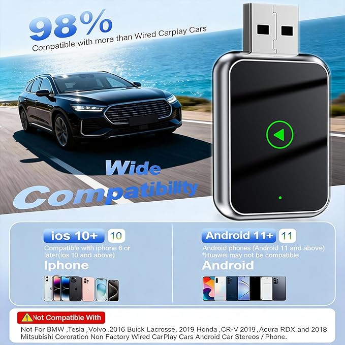 Mini Wireless Carplay Adapter Update for iPhone and Android Auto - Carplay Wireless Adapter Car Play, Wired to Wireless, Compatible with iPhone iOS 10+, Silver