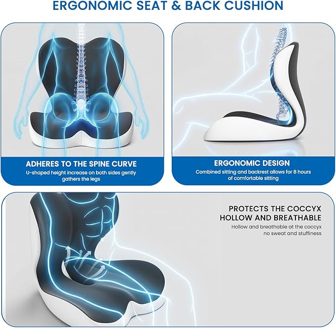 Seat Cushion, Memory Foam Car Seat Cushion with L-Shaped Ergonomic Design, Tailbone Pain & Sciatica Pain Relief Cushion for Office Chair, Car, Truck Drivers, Long Sitting and Wheelchair, 2 PCS