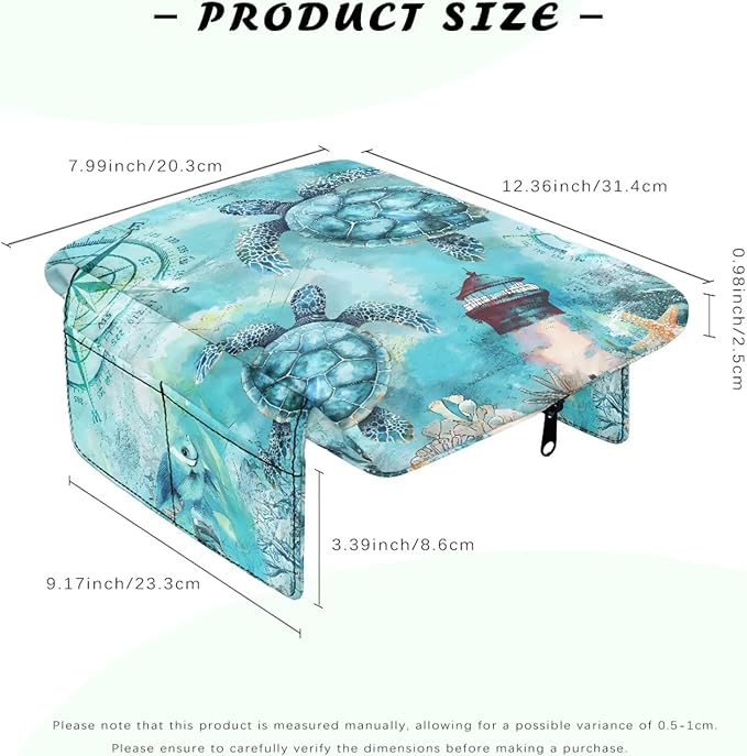 Dreaweet Vintage Sea Turtle Arm Rest Cover for Car Thick Center Console Cover Pad with Pockets Anti-Scratch Car Armrest Cover Cushion Center Console Armrest Replacement