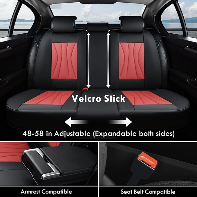 Coverado Car Seat Covers Full Set, Premium Leather Seat Cover for Cars, Front and Back Car Seat Protector, Waterproof Car Seat Cushion Universal Fit for Most Vehicles(Black&Red)