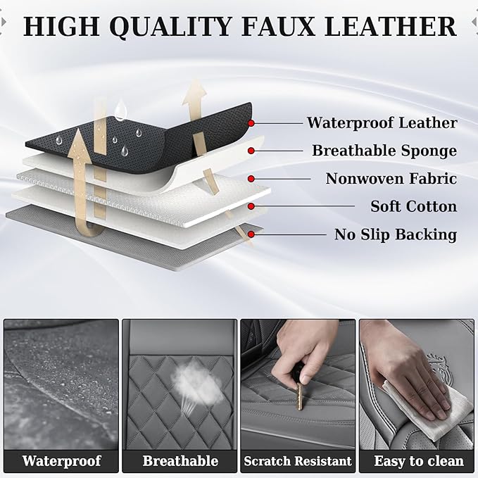 Coverado Car Seat Covers, Front Seat Cover, 2 Pack Luxury Faux Leather Seat Covers for Cars, Waterproof Car Seat Protector, Gray Car Seat Cover, Universal Car Seat Protectors Fit for Most Cars