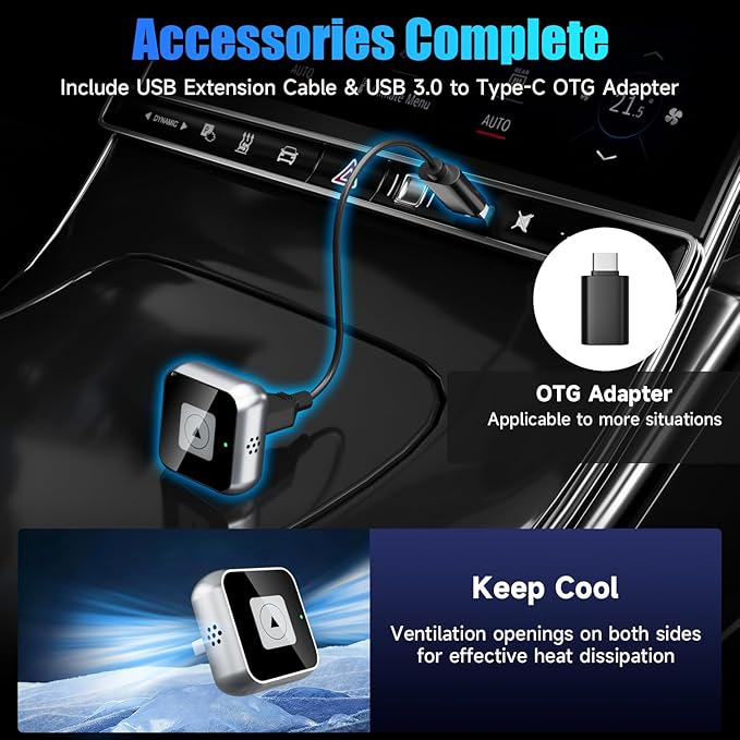 Wireless CarPlay Adapter, Wired to Wireless Car Adapter, Suitable for Apple iPhone & Android, Fast Auto-Connect, USB & Type-C, Supports 800+ Models with Built-in Wired Car Play/Android Auto
