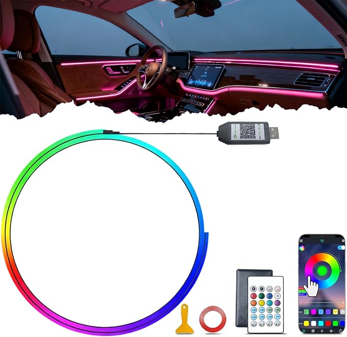 DIBMS Acrylic Car Interior LED Neon Strip Lights, USB Powered with APP Remote Control RGB Music Sync DIY Mode Ambient Lighting Kit for Vehicle Center Console Dashboard Decor