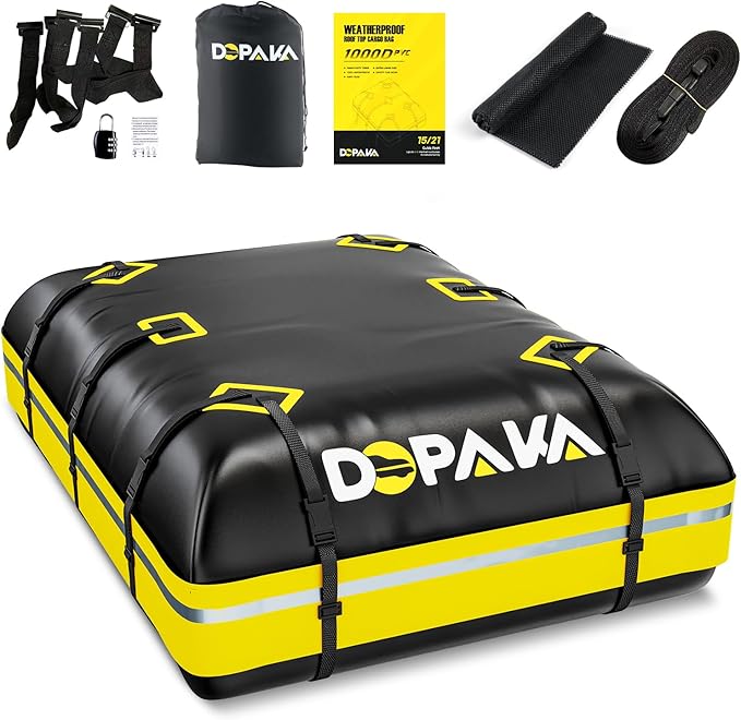 Car Rooftop Cargo Carrier Bag,100% Waterproof Heavy Duty 1000D Car Top Carrier,21 Cubic Feet Car Roof Bag for All Vehicle with/Without Rack,Anti-Tear Anti-Slip Mat, Luggage Lock,6 Door Hooks