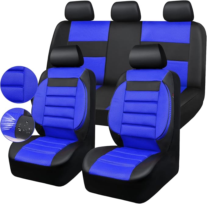 CAR PASS Leather 3D Foam Back Support Car Seat Covers Full Set Air Mesh Automotive Seat Covers, All Season Car Seat Cover Fit Automotive,SUV,Sedan,Van, Airbag Compatible Elegance(Black and Blue Royal)