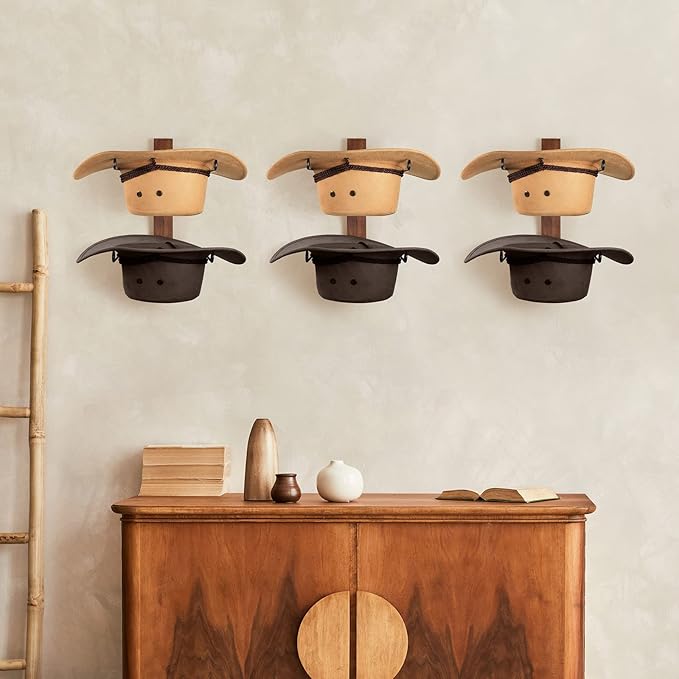 Cowboy Hat Holder, 3-Piece Wall Mount Cowboy Hat Rack for Wall Holds up to 6 Hats – Wooden + Metal Rustic Western DIY Hat Racks for Wall Storage and Home Décor