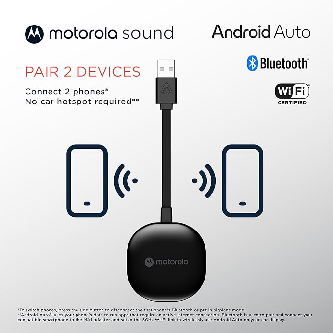 Motorola Sound MA1, the Only Google Authorized Wireless Android Auto Car Adapter, Smartphone to Screen Wireless Bridge Car Accessories, USB Type-A