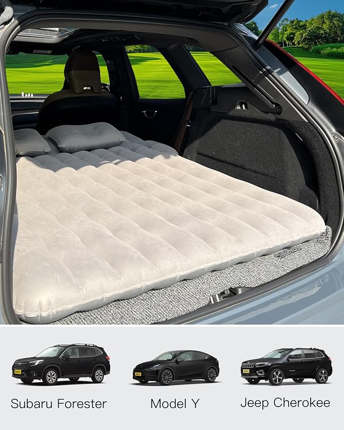 SUV Air Mattress, Inflatable Car Mattress Bottle and Phone Holder Thickened Flocking & PVC Surface Car Bed with Electric Air Pump Travel Mattress for Camping Road Trip (Grey)