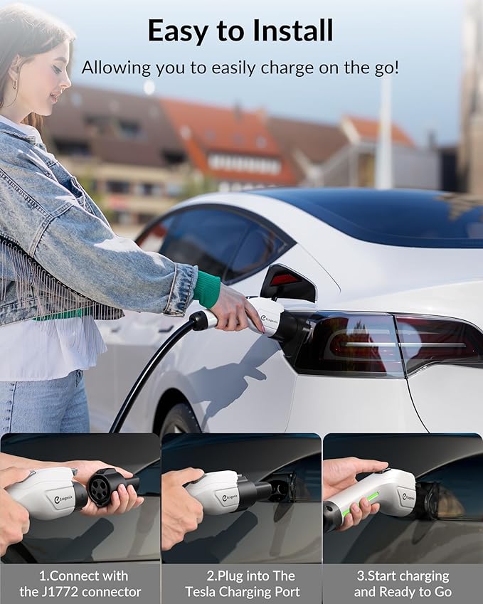 Ecogenix J1772 to Tesla Charger Adapter, Max 80A/250V for Tesla Model Y 3 X S Cybertruck, Tesla Accessories, Connecting to SAE J1772 Charging Stations Fast & Safe Charging for Tesla only