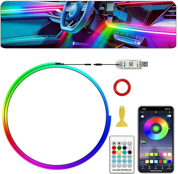 Ambient Lighting Car Led Lights Interior,43.3in USB RGB Dreamcolor Acrylic Neon Flexible Strip Fiber Optic LED Ambient Lighting Kits with Remote APP, RGB Music Lights Sync for Inside car Decorations