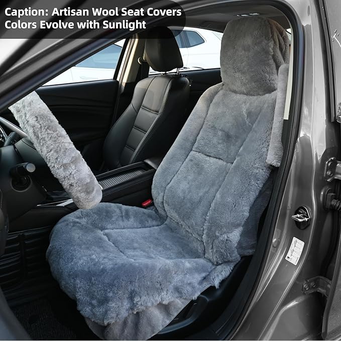 Aegis Cover Premium Australian Merino Sheepskin Car Seat Cover, Easy-Install Summer & Winter Universal Fit for SUV Truck Sedan Most Vehicles (FS-Grey)